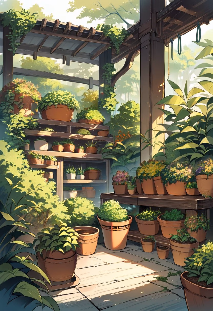 Garden Potting Bench — view 1 — rustic garden potting bench, covered with terracotta pots and fresh herbs, bright spring sunshine warming the yard, clea