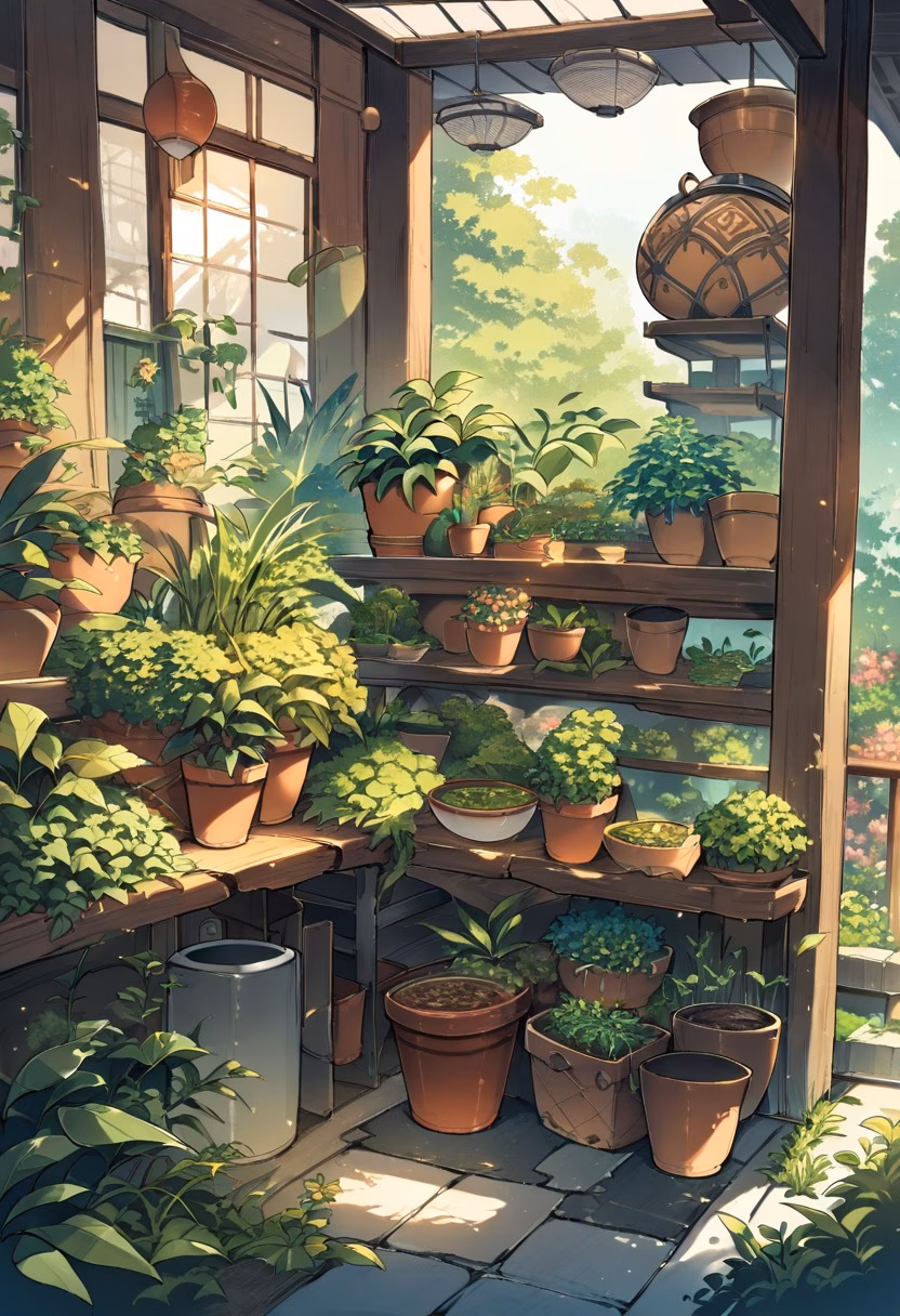 Garden Potting Bench — view 2 — rustic garden potting bench, covered with terracotta pots and fresh herbs, bright spring sunshine warming the yard, clea