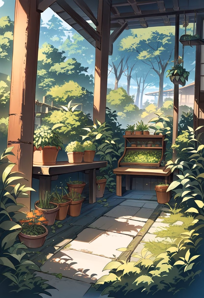 Garden Potting Bench — view 3 — rustic garden potting bench, covered with terracotta pots and fresh herbs, bright spring sunshine warming the yard, clea