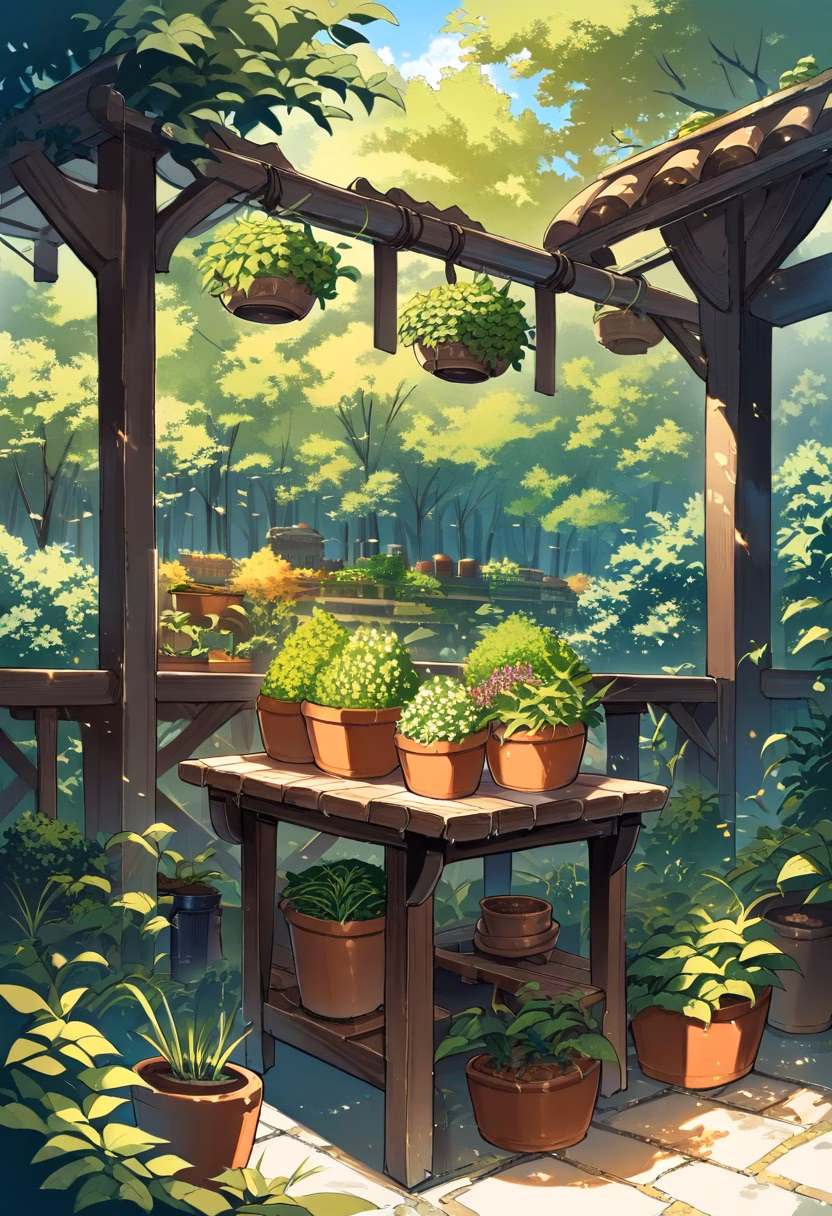 Garden Potting Bench — view 4 — rustic garden potting bench, covered with terracotta pots and fresh herbs, bright spring sunshine warming the yard, clea