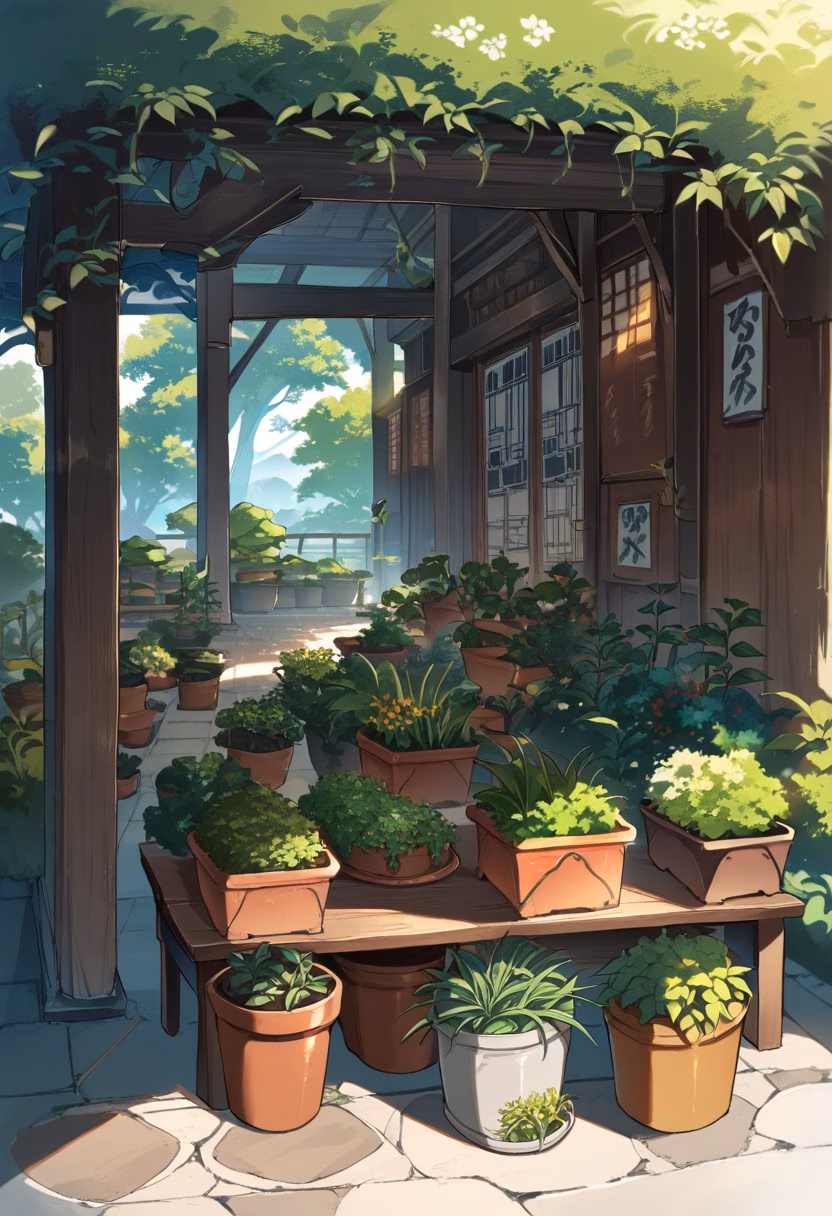 Garden Potting Bench — view 5 — rustic garden potting bench, covered with terracotta pots and fresh herbs, bright spring sunshine warming the yard, clea
