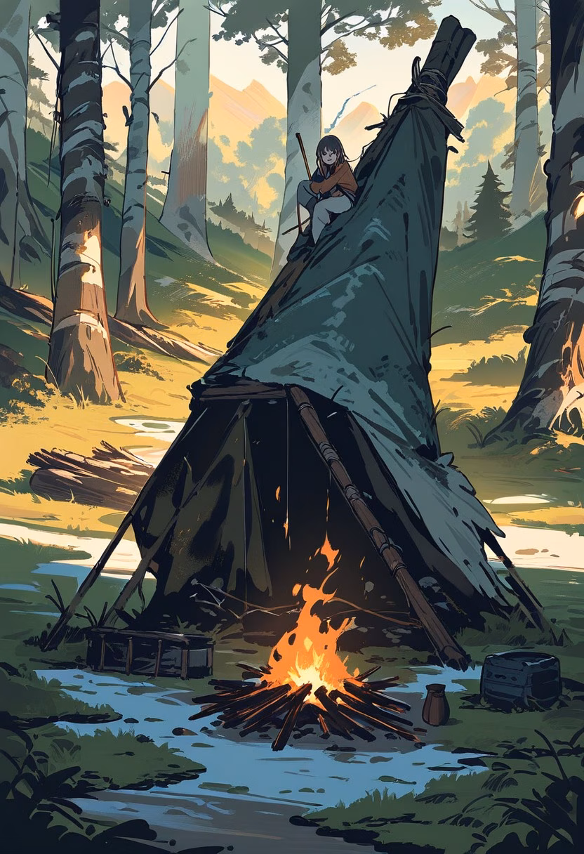 Campfire At Golden Hour — view 1 — rustic campfire cooking setup, arranged beside a quiet forest clearing, faint smoke drifting through evening air, golden