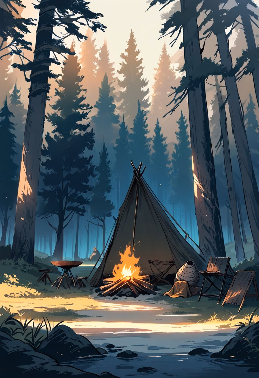 Campfire At Golden Hour — view 2 — rustic campfire cooking setup, arranged beside a quiet forest clearing, faint smoke drifting through evening air, golden