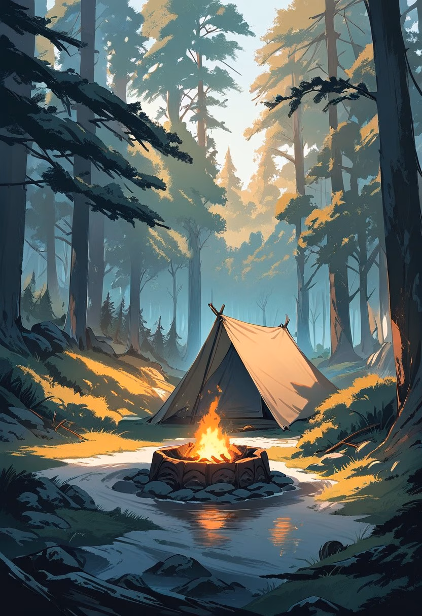 Campfire At Golden Hour — view 3 — rustic campfire cooking setup, arranged beside a quiet forest clearing, faint smoke drifting through evening air, golden