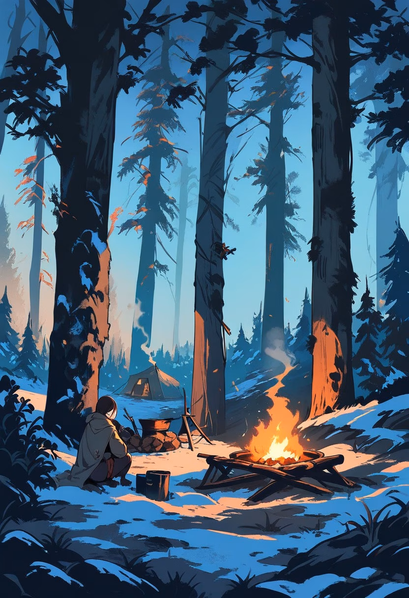 Campfire At Golden Hour — view 4 — rustic campfire cooking setup, arranged beside a quiet forest clearing, faint smoke drifting through evening air, golden