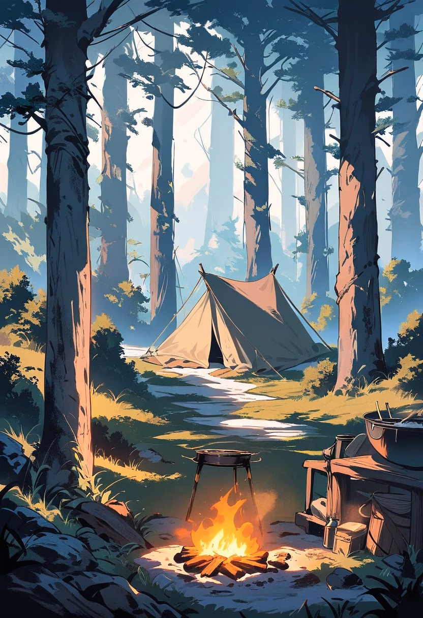 Campfire At Golden Hour — view 5 — rustic campfire cooking setup, arranged beside a quiet forest clearing, faint smoke drifting through evening air, golden
