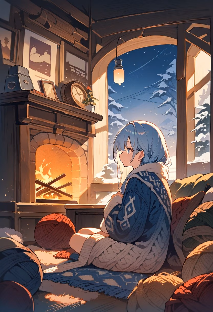 Knitting Corner At Dusk — view 2 — cozy knitting corner, arranged near a crackling fireplace, soft winter frost visible through the window, dusky blue ligh