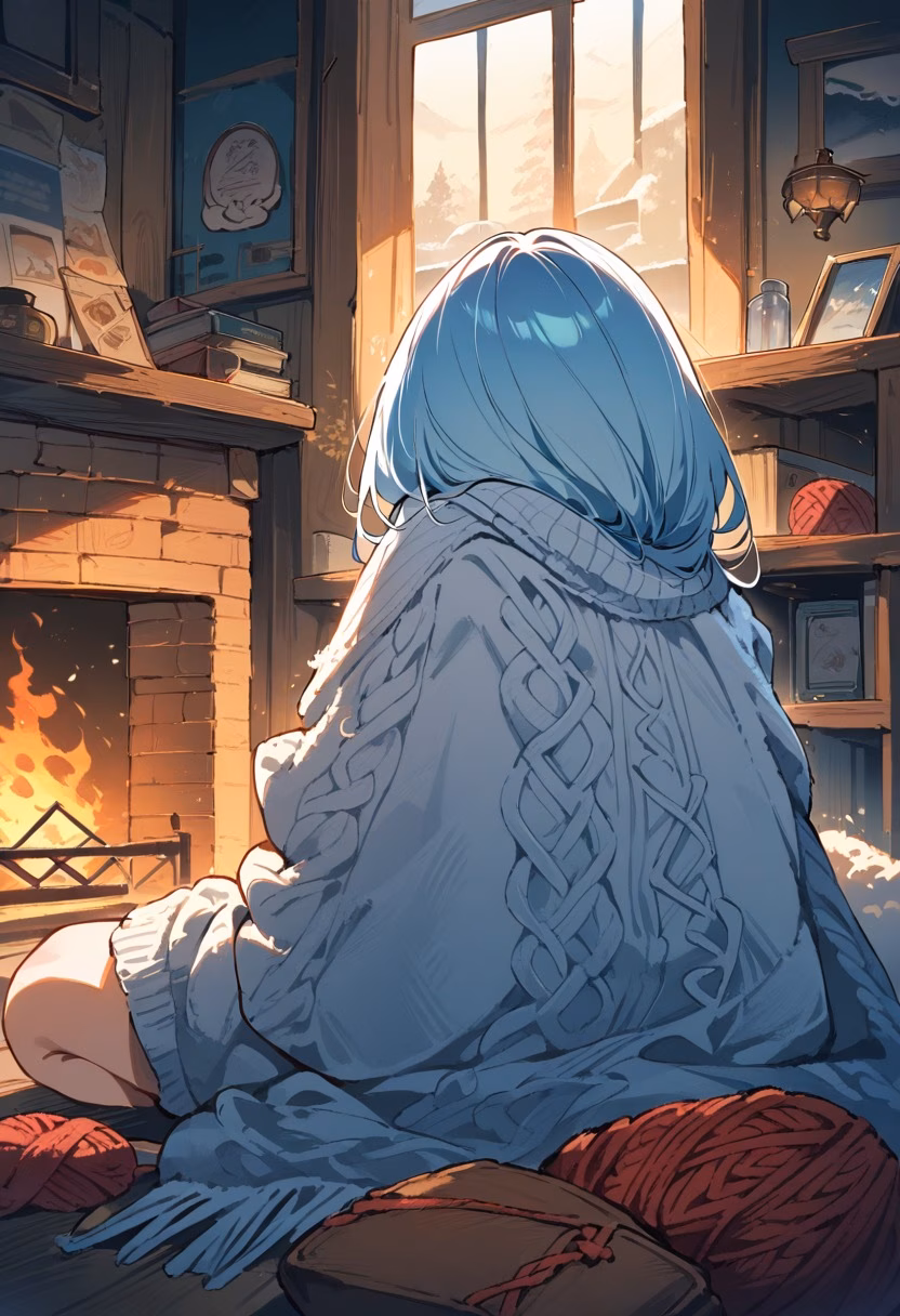 Knitting Corner At Dusk — view 3 — cozy knitting corner, arranged near a crackling fireplace, soft winter frost visible through the window, dusky blue ligh