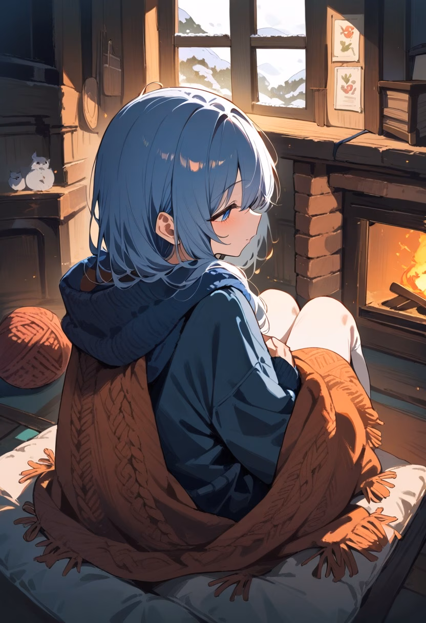 Knitting Corner At Dusk — view 4 — cozy knitting corner, arranged near a crackling fireplace, soft winter frost visible through the window, dusky blue ligh