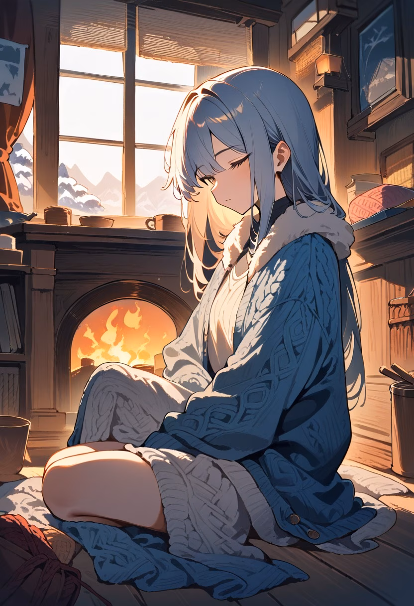 Knitting Corner At Dusk — view 5 — cozy knitting corner, arranged near a crackling fireplace, soft winter frost visible through the window, dusky blue ligh