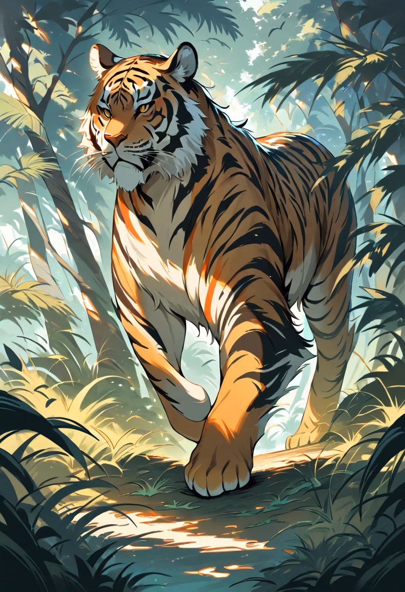 Prowling Jungle Tiger — view 1 — tiger walking through tall grass, jungle, orange stripes, powerful gaze, dappled light, wildlife, detailed fur pattern, 