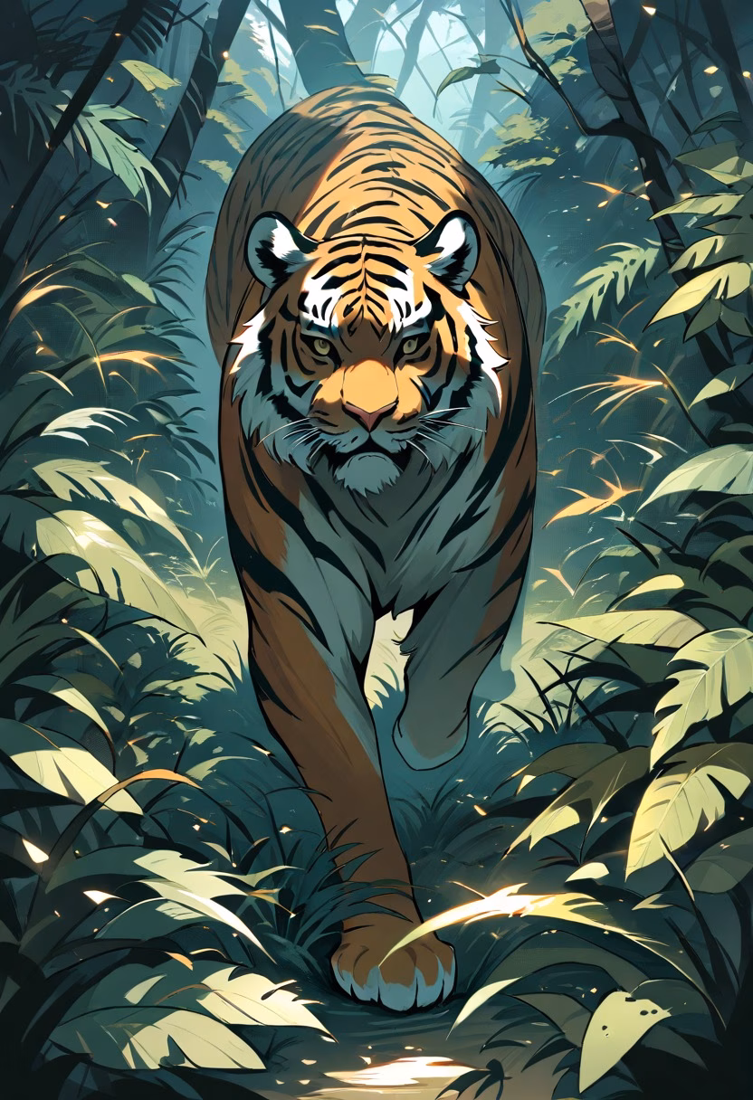 Prowling Jungle Tiger — view 2 — tiger walking through tall grass, jungle, orange stripes, powerful gaze, dappled light, wildlife, detailed fur pattern, 
