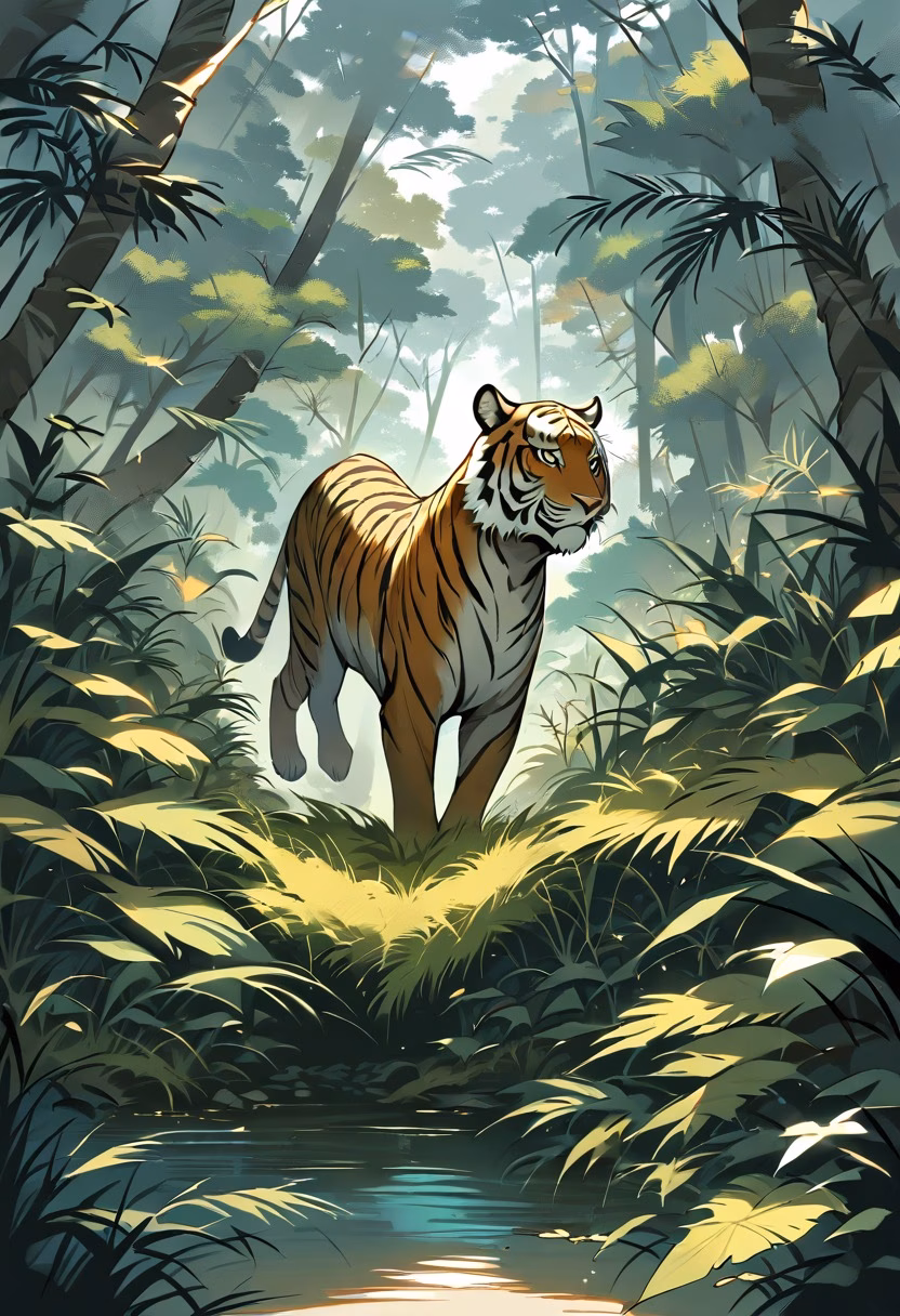 Prowling Jungle Tiger — view 3 — tiger walking through tall grass, jungle, orange stripes, powerful gaze, dappled light, wildlife, detailed fur pattern, 