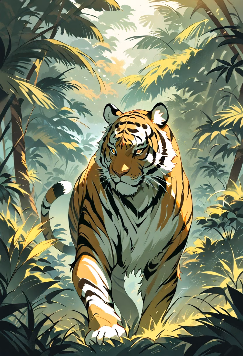 Prowling Jungle Tiger — view 4 — tiger walking through tall grass, jungle, orange stripes, powerful gaze, dappled light, wildlife, detailed fur pattern, 