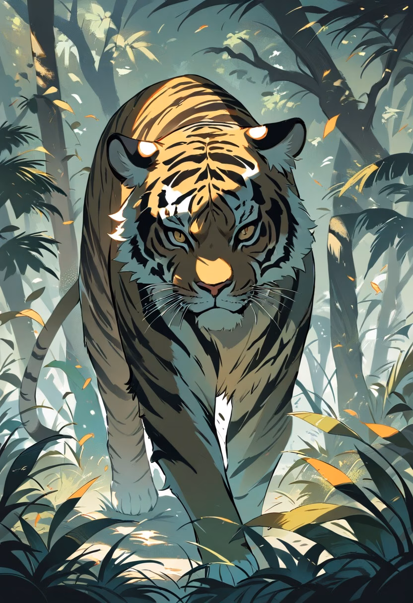 Prowling Jungle Tiger — view 5 — tiger walking through tall grass, jungle, orange stripes, powerful gaze, dappled light, wildlife, detailed fur pattern, 