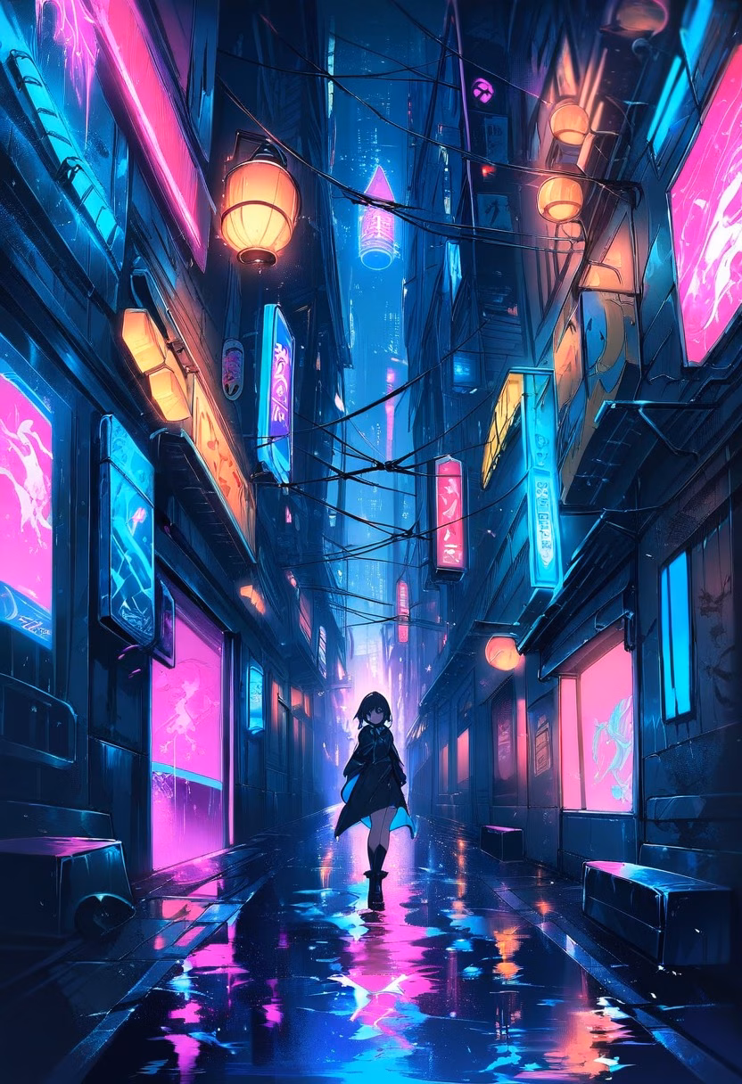 Neon Alleyway At Night — view 1 — narrow neon alleyway, glowing beneath scattered rain puddles, faint steam rising from a street vent, deep night light, m