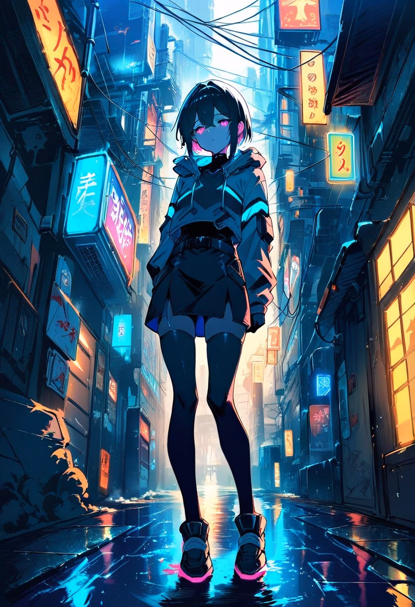 Neon Alleyway At Night — view 2 — narrow neon alleyway, glowing beneath scattered rain puddles, faint steam rising from a street vent, deep night light, m
