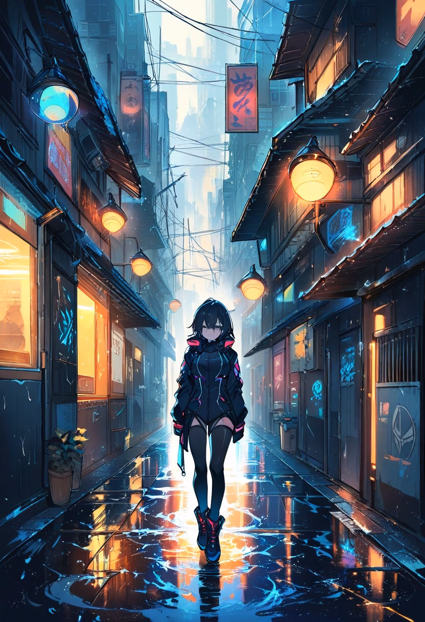 Neon Alleyway At Night — view 3 — narrow neon alleyway, glowing beneath scattered rain puddles, faint steam rising from a street vent, deep night light, m