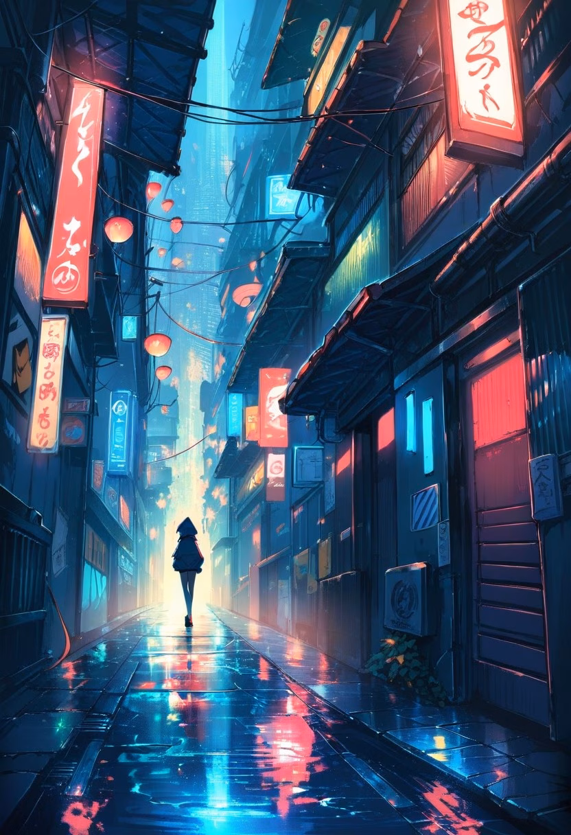 Neon Alleyway At Night — view 4 — narrow neon alleyway, glowing beneath scattered rain puddles, faint steam rising from a street vent, deep night light, m