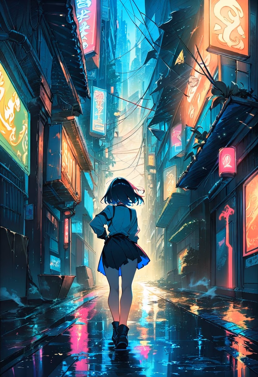 Neon Alleyway At Night — view 5 — narrow neon alleyway, glowing beneath scattered rain puddles, faint steam rising from a street vent, deep night light, m