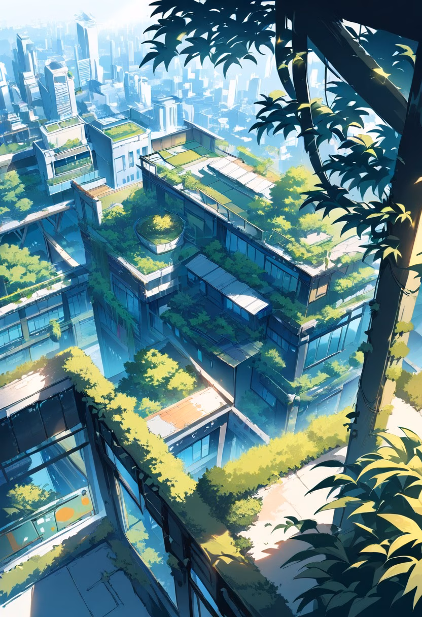 Rooftop Garden At Dawn — view 1 — verdant rooftop garden, overlooking a sprawling city skyline, faint morning haze hovering above buildings, soft dawn lig