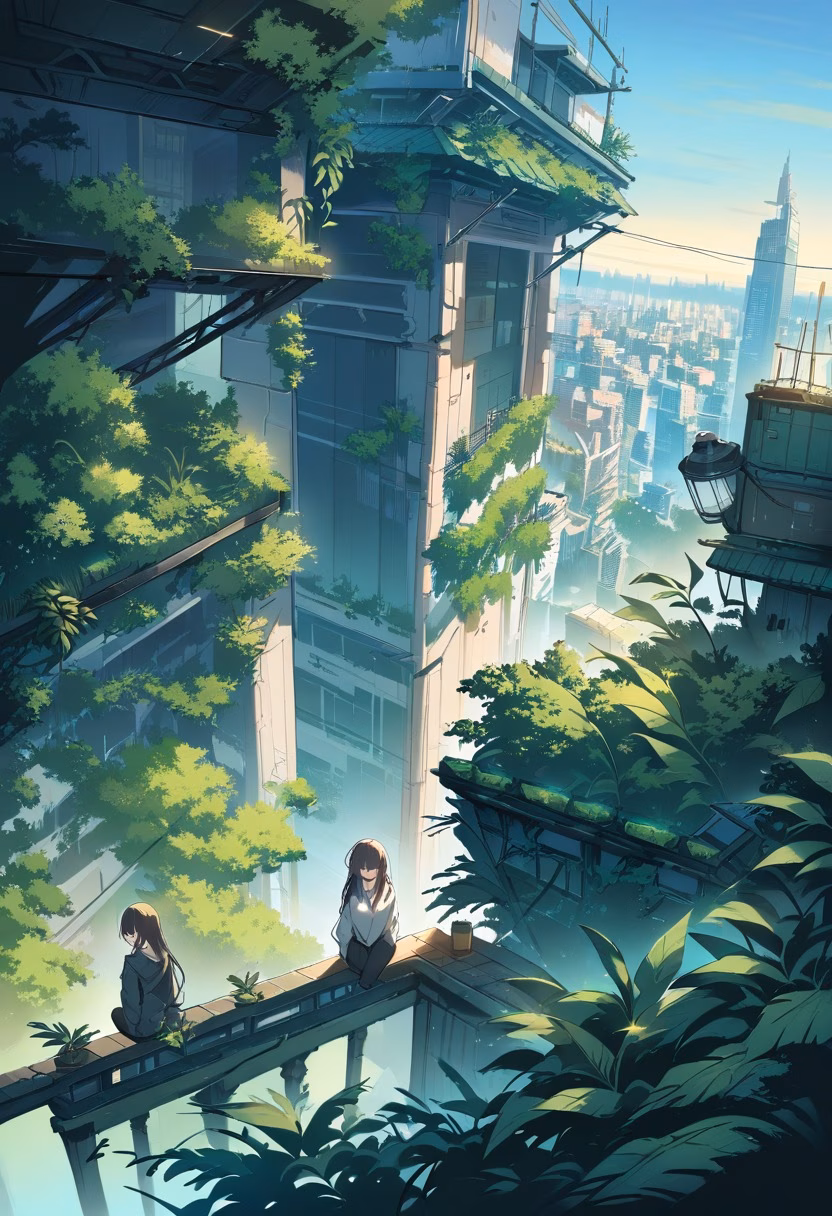 Rooftop Garden At Dawn — view 2 — verdant rooftop garden, overlooking a sprawling city skyline, faint morning haze hovering above buildings, soft dawn lig