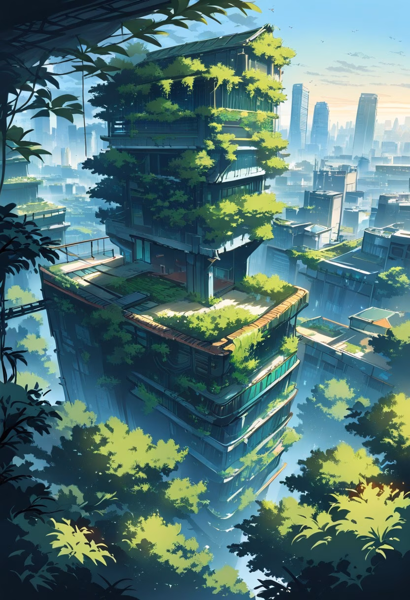 Rooftop Garden At Dawn — view 3 — verdant rooftop garden, overlooking a sprawling city skyline, faint morning haze hovering above buildings, soft dawn lig
