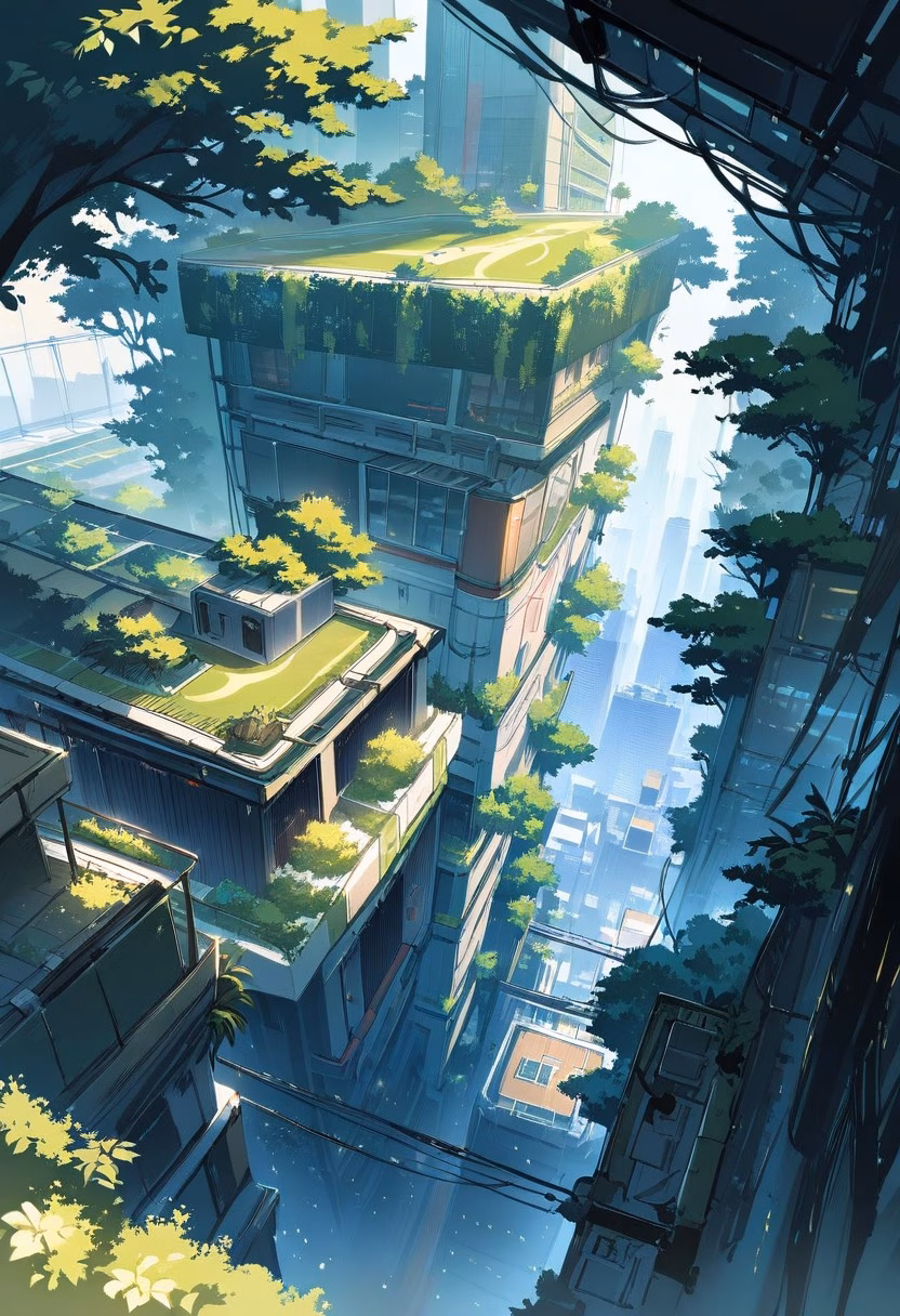 Rooftop Garden At Dawn — view 4 — verdant rooftop garden, overlooking a sprawling city skyline, faint morning haze hovering above buildings, soft dawn lig