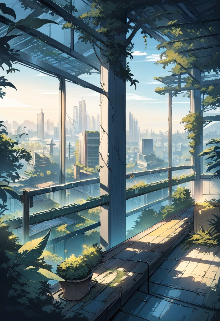 Rooftop Garden At Dawn — view 5 — verdant rooftop garden, overlooking a sprawling city skyline, faint morning haze hovering above buildings, soft dawn lig