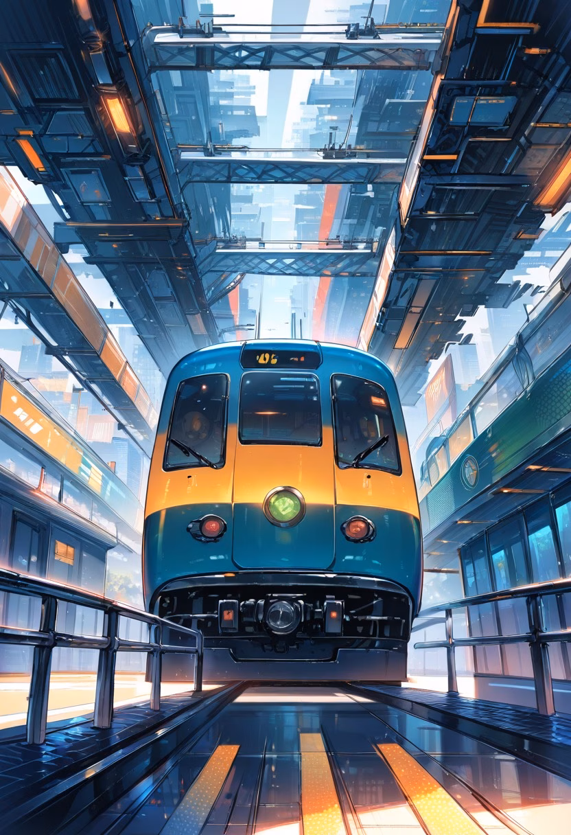 Subway Platform By Day — view 1 — busy subway platform, lined with gleaming steel rails, distant echoes of an arriving train, bright fluorescent daylight,