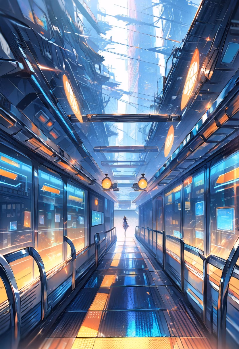 Subway Platform By Day — view 2 — busy subway platform, lined with gleaming steel rails, distant echoes of an arriving train, bright fluorescent daylight,
