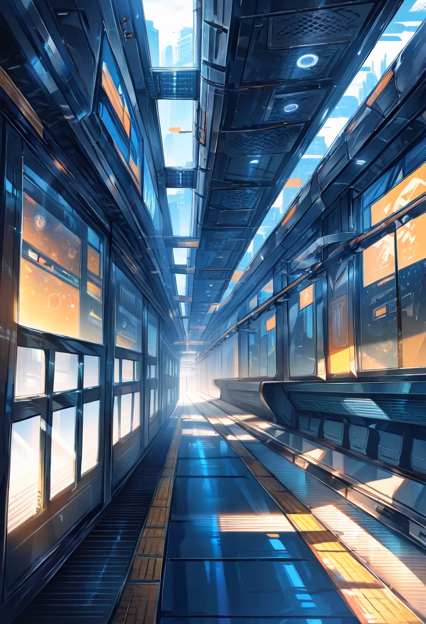 Subway Platform By Day — view 3 — busy subway platform, lined with gleaming steel rails, distant echoes of an arriving train, bright fluorescent daylight,