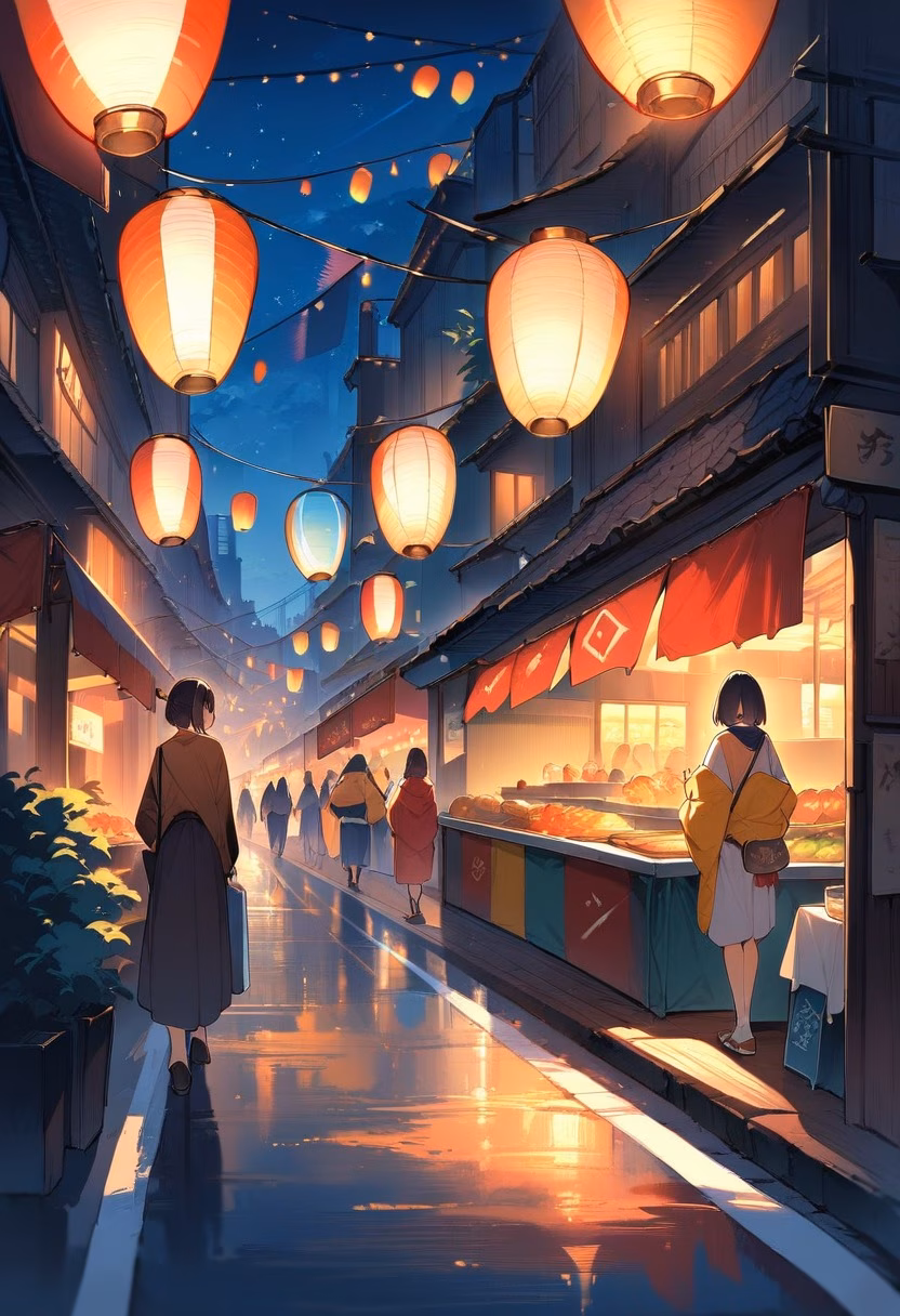 Night Market At Sunset — view 1 — vibrant night market street, lined with colorful hanging lanterns, faint aroma of street food drifting through air, warm