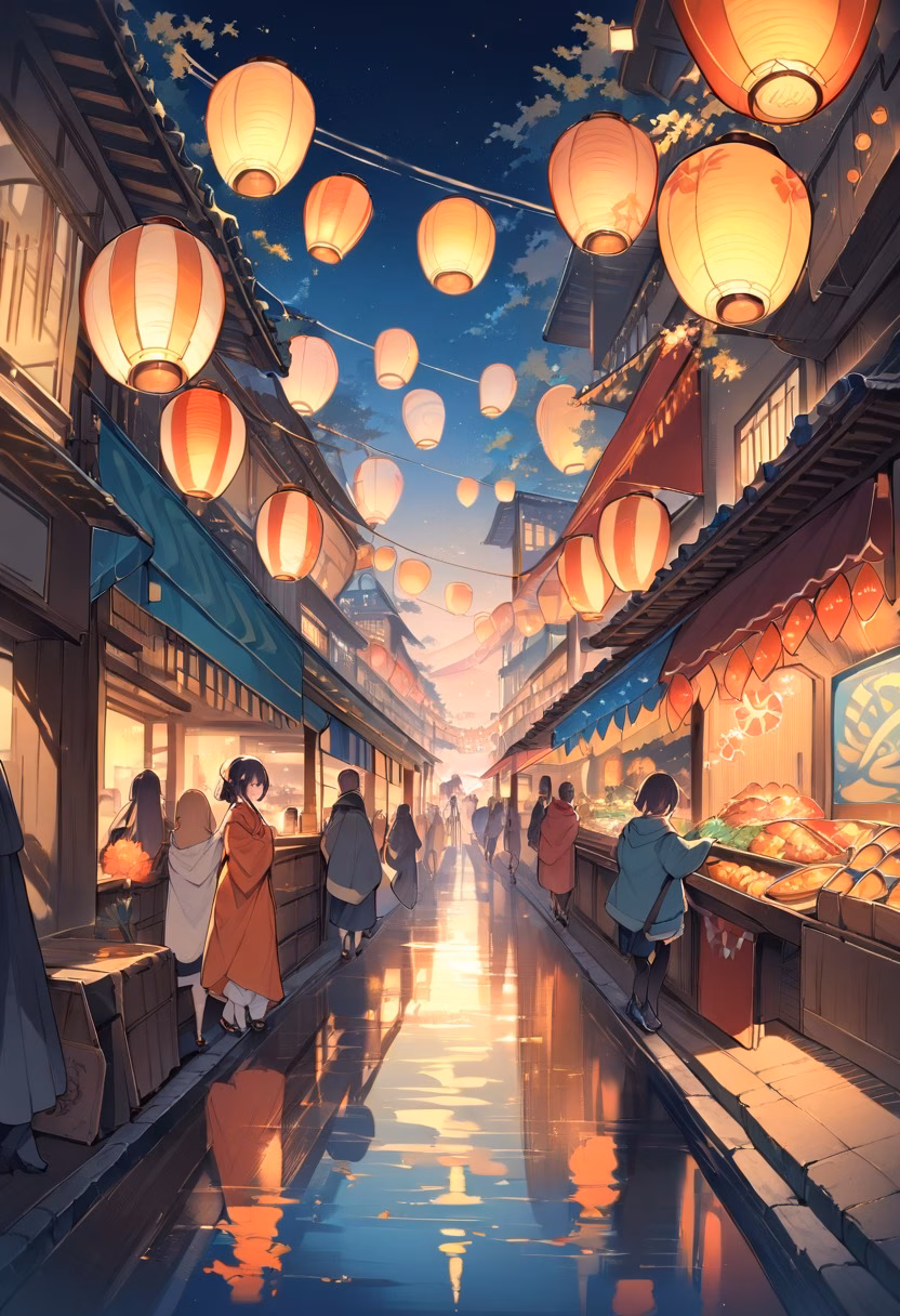 Night Market At Sunset — view 2 — vibrant night market street, lined with colorful hanging lanterns, faint aroma of street food drifting through air, warm
