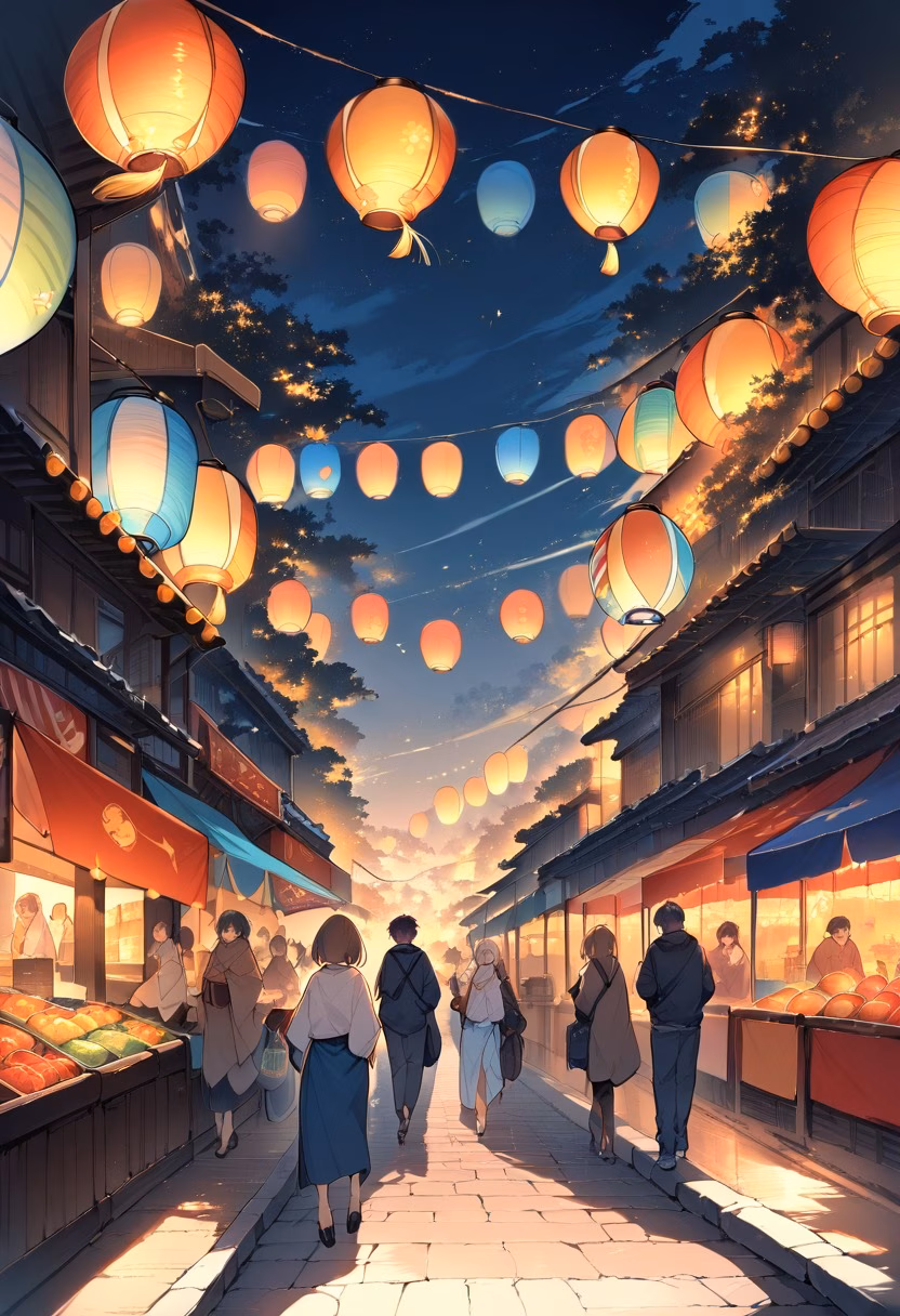 Night Market At Sunset — view 3 — vibrant night market street, lined with colorful hanging lanterns, faint aroma of street food drifting through air, warm