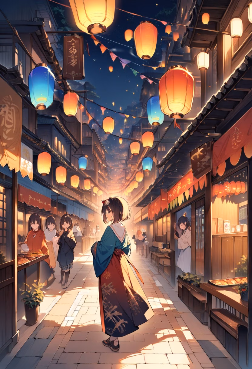 Night Market At Sunset — view 4 — vibrant night market street, lined with colorful hanging lanterns, faint aroma of street food drifting through air, warm