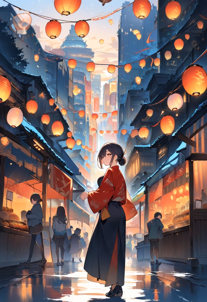 Night Market At Sunset — view 5 — vibrant night market street, lined with colorful hanging lanterns, faint aroma of street food drifting through air, warm