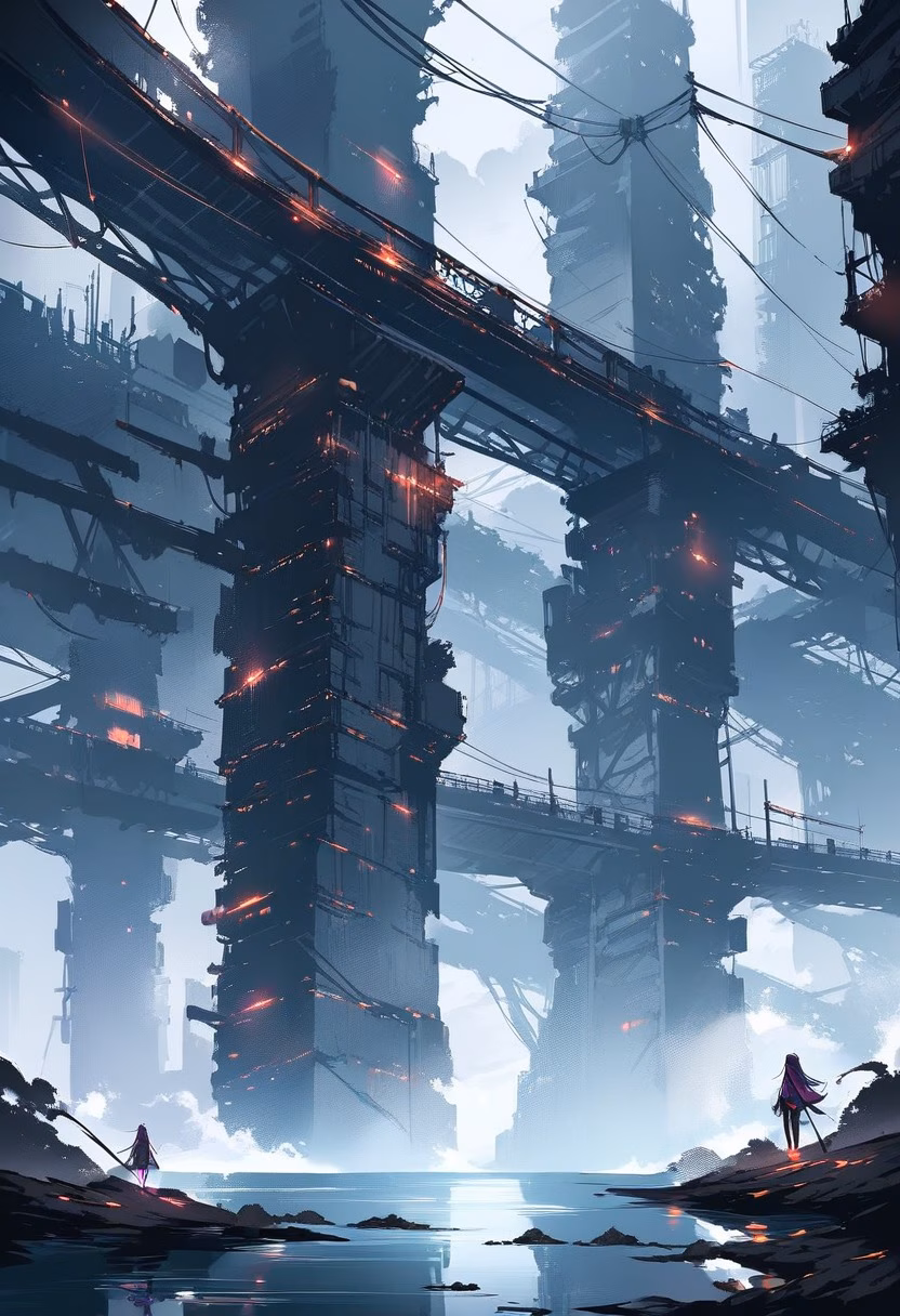 Rail Bridge At Dusk — view 3 — massive urban rail bridge, spanning a wide industrial river, faint fog settling over the water below, dusky violet light