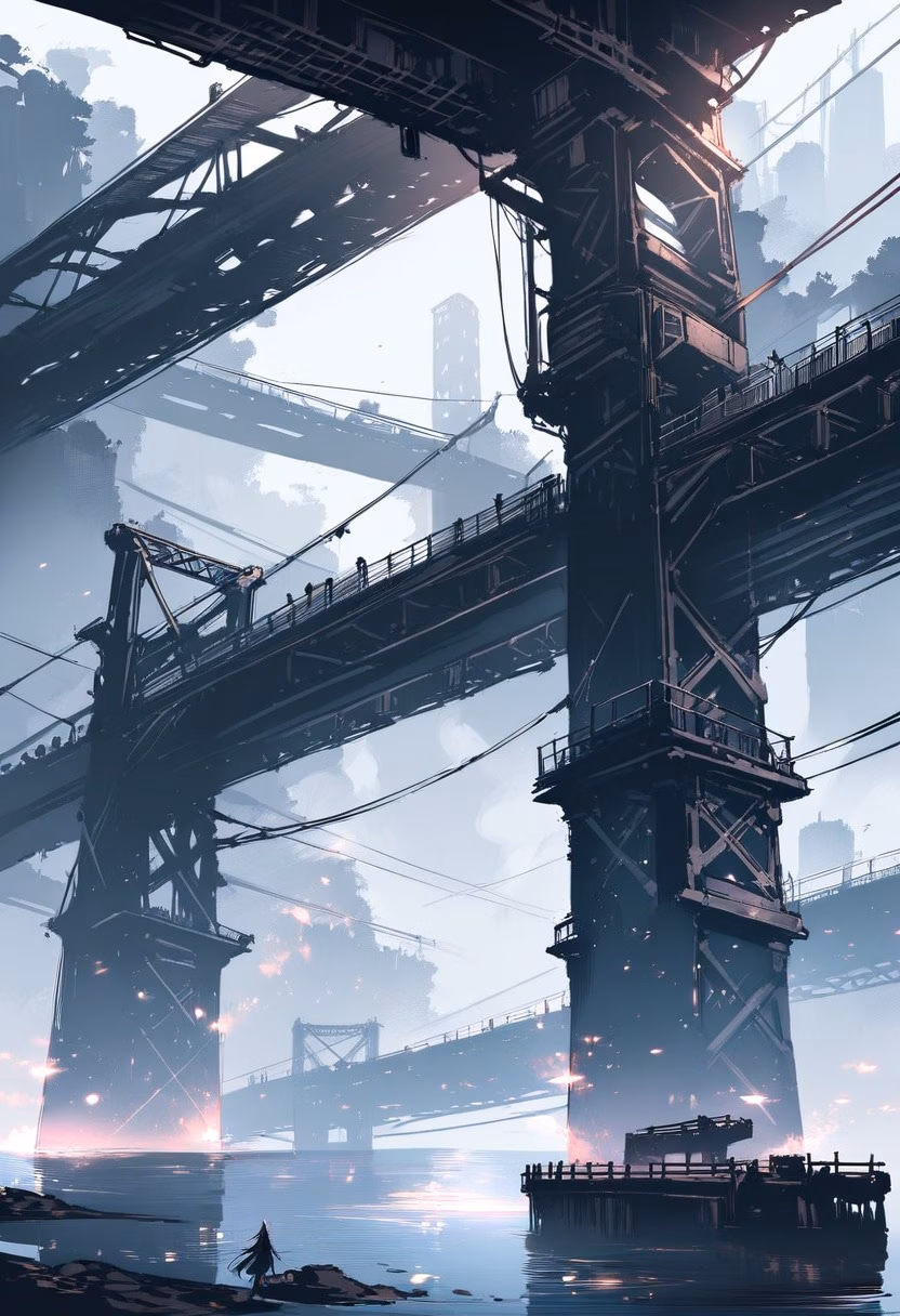 Rail Bridge At Dusk — view 5 — massive urban rail bridge, spanning a wide industrial river, faint fog settling over the water below, dusky violet light