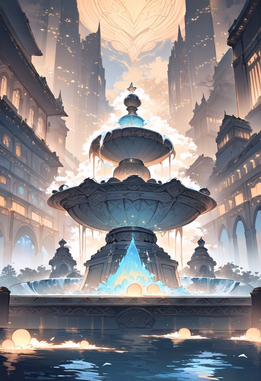 City Plaza Fountain — view 1 — grand city plaza fountain, illuminated beneath tall surrounding buildings, faint mist drifting from cascading water, sof