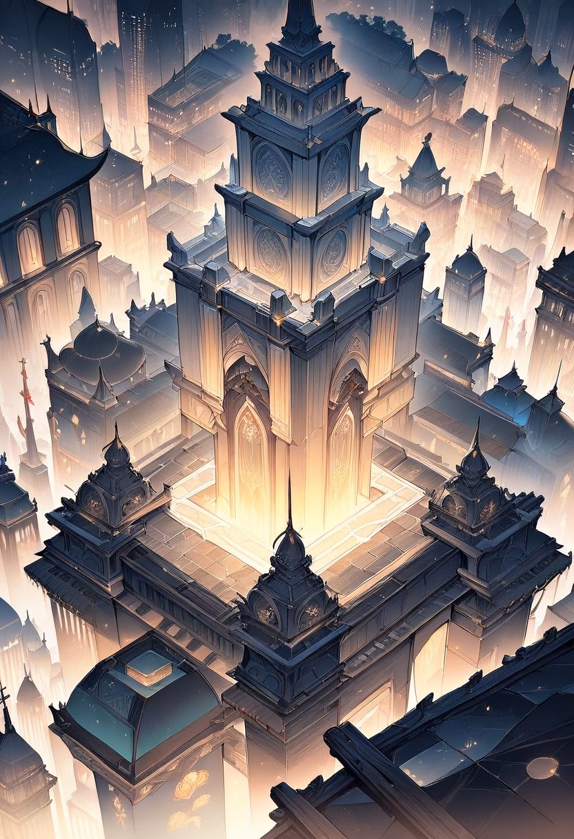 City Plaza Fountain — view 2 — grand city plaza fountain, illuminated beneath tall surrounding buildings, faint mist drifting from cascading water, sof