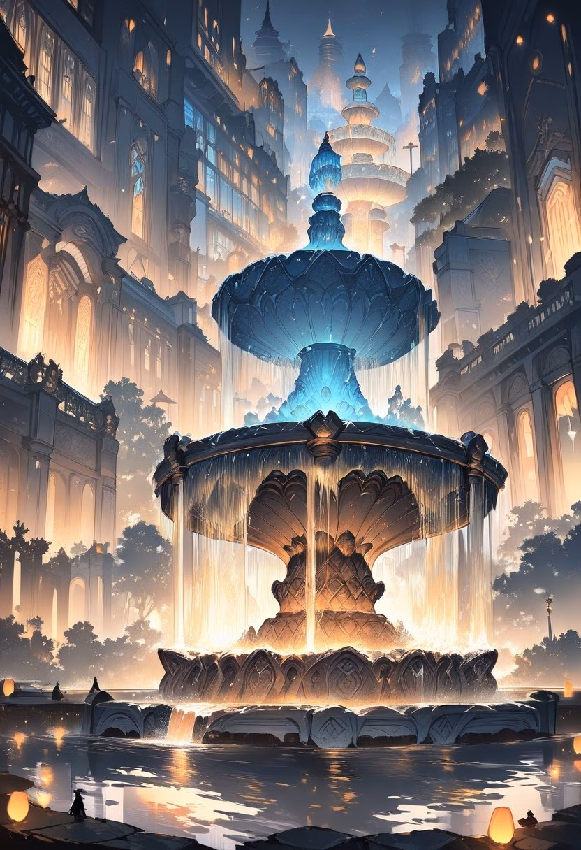 City Plaza Fountain — view 3 — grand city plaza fountain, illuminated beneath tall surrounding buildings, faint mist drifting from cascading water, sof