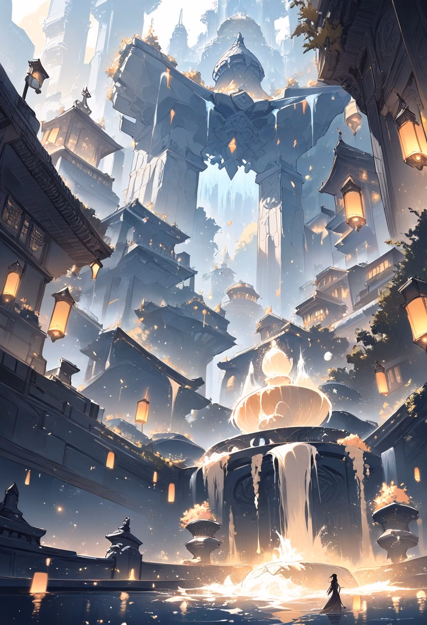 City Plaza Fountain — view 4 — grand city plaza fountain, illuminated beneath tall surrounding buildings, faint mist drifting from cascading water, sof