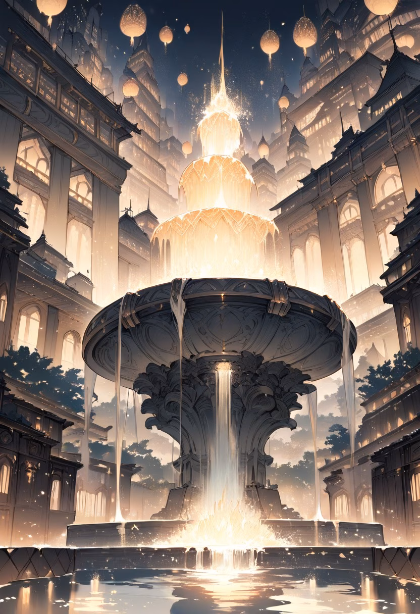 City Plaza Fountain — view 5 — grand city plaza fountain, illuminated beneath tall surrounding buildings, faint mist drifting from cascading water, sof
