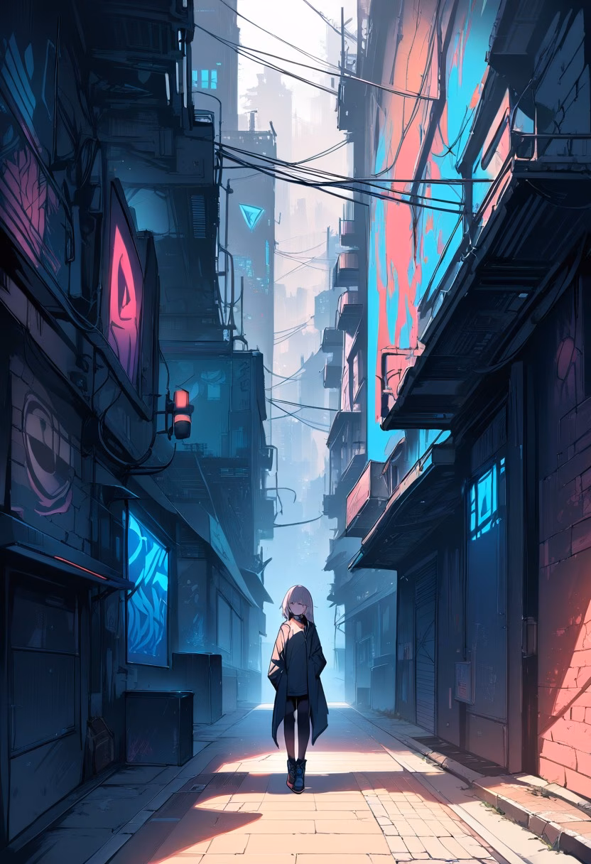 Graffiti District At Dawn — view 3 — colorful graffiti wall district, lining a quiet industrial backstreet, faint morning fog softening distant rooftops, sof