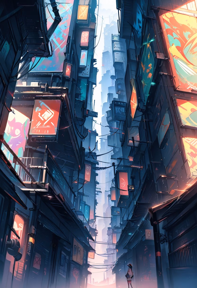 Graffiti District At Dawn — view 5 — colorful graffiti wall district, lining a quiet industrial backstreet, faint morning fog softening distant rooftops, sof
