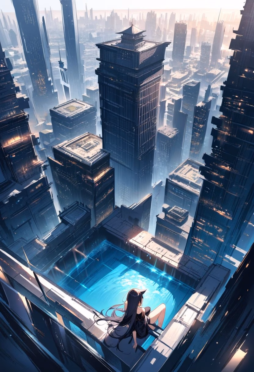 Rooftop Pool By Day — view 1 — sleek rooftop skyline pool, perched atop a modern high-rise building, faint city haze visible along the horizon, bright 