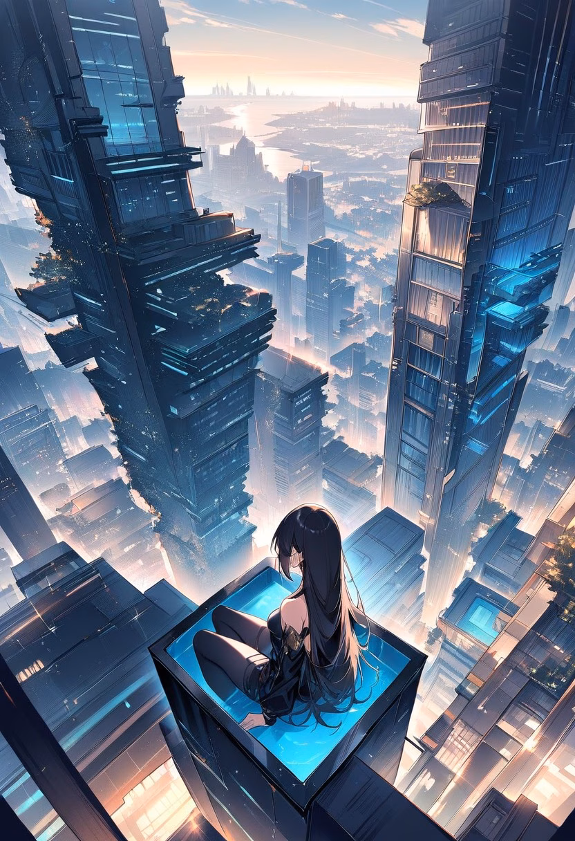 Rooftop Pool By Day — view 2 — sleek rooftop skyline pool, perched atop a modern high-rise building, faint city haze visible along the horizon, bright 