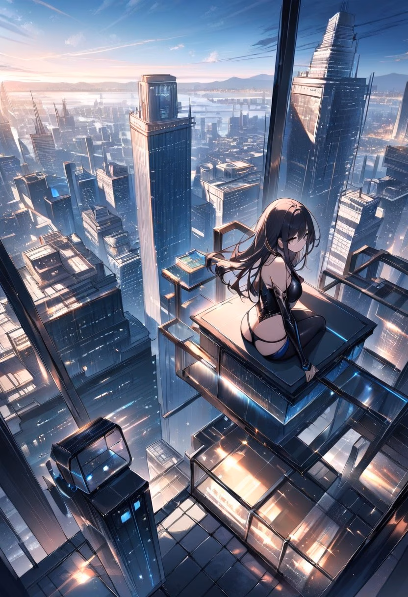 Rooftop Pool By Day — view 4 — sleek rooftop skyline pool, perched atop a modern high-rise building, faint city haze visible along the horizon, bright 
