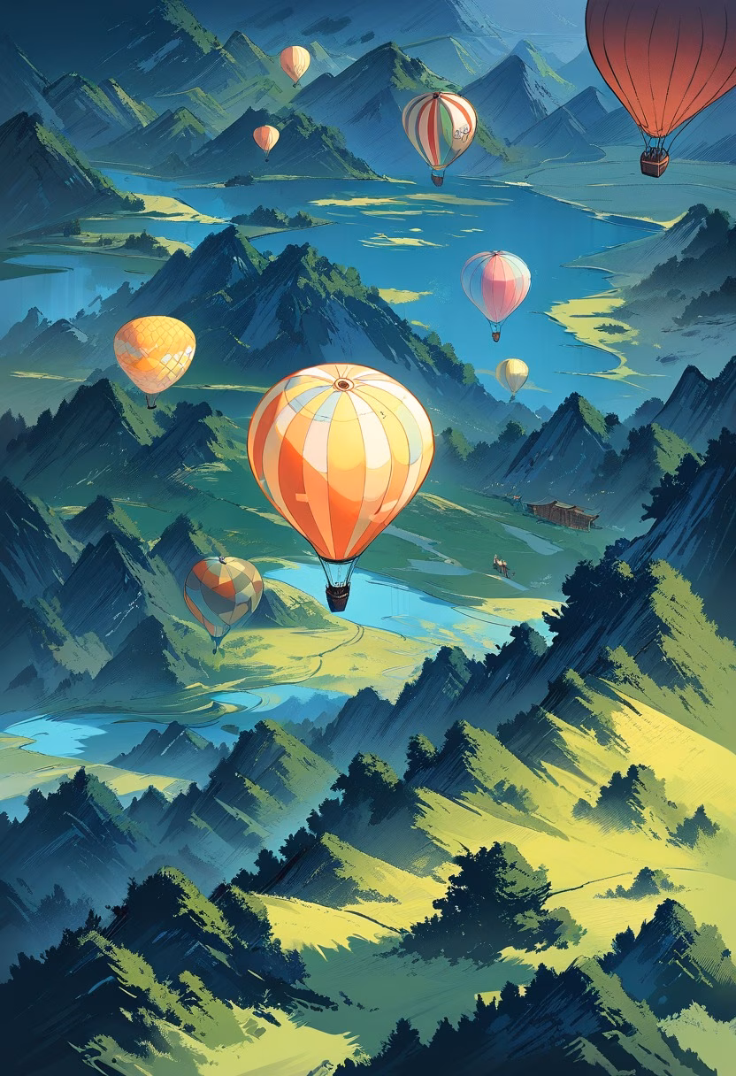 Balloon Over The Valley — view 1 — colorful hot air balloon, drifting above a patchwork countryside valley, faint morning mist settled in the fields, golde